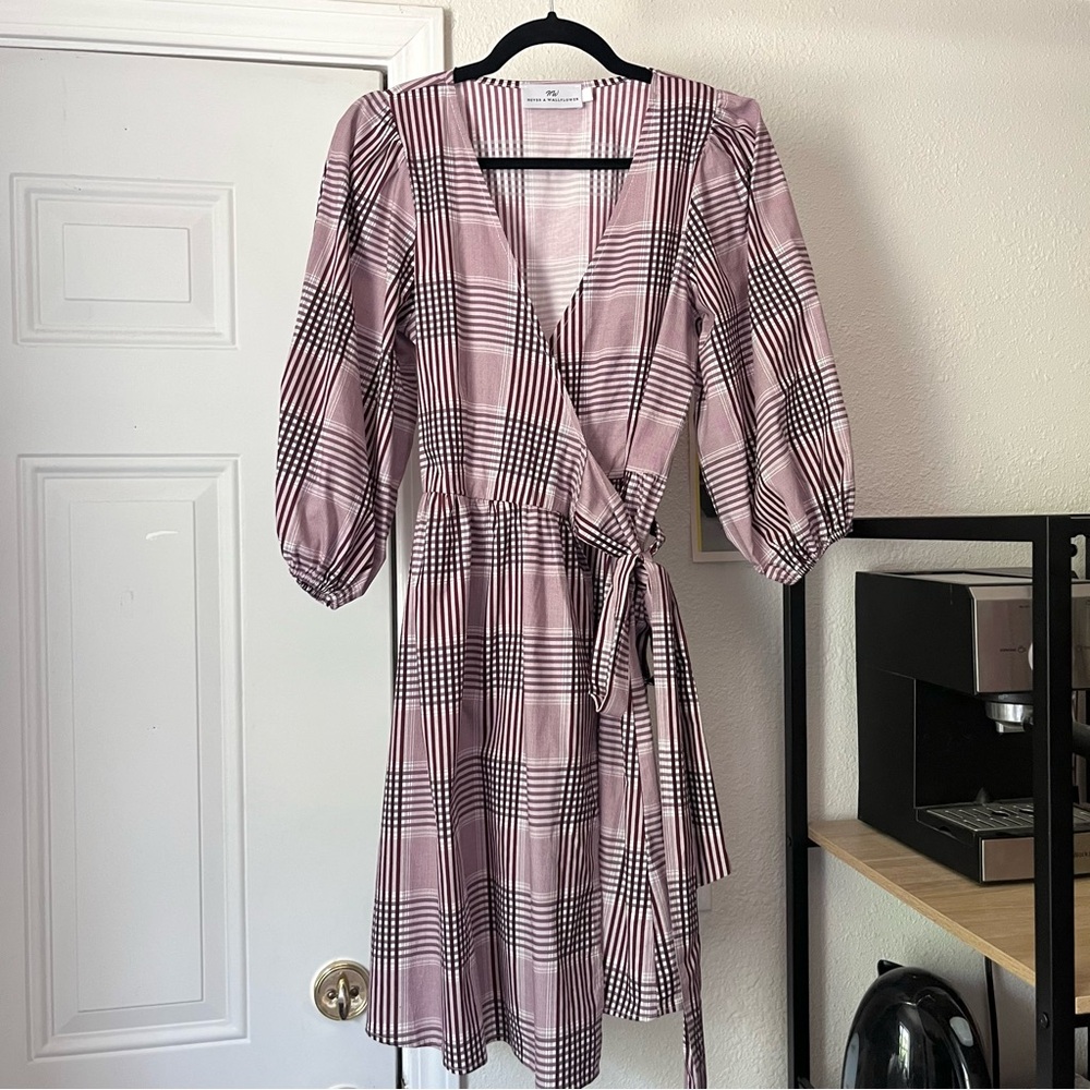 NEVER A WALLFLOWER pink white plaid cotton puff long sleeve mini wrap dress